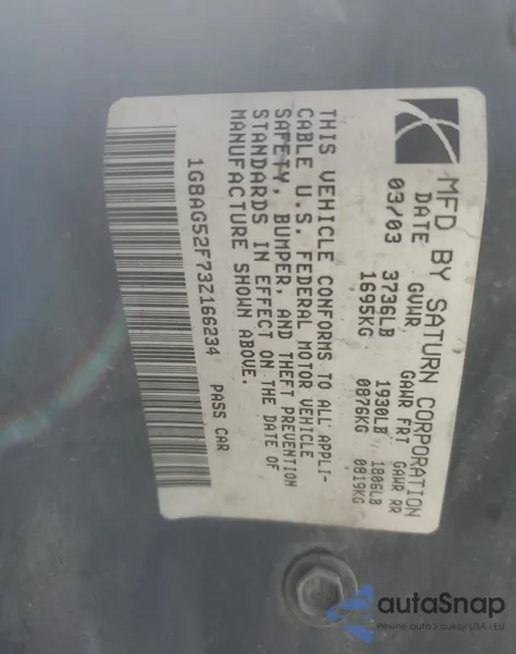 2003 Saturn Ion Level 1 из США, поврежденный, VIN 1G8AG52F73Z166234